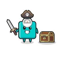 the weight scale pirate character holding sword beside a treasure box vector