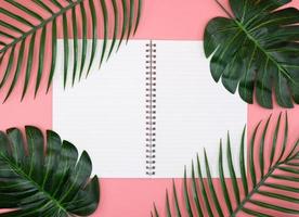 White diary book with green plants on pink background photo
