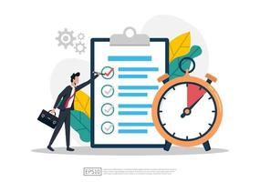 Businessman fill in checklist with clock symbol illustration. vector