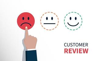 Negative review or feedback, hand of client chose sad face icon vector