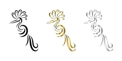 three color black gold silver Line art vector logo of abstract bird