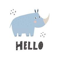 Cute african animal rhinoceros  with lettering - hello vector