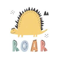 Cute dino with lettering Roar slogan graphic with funny dinosaur vector