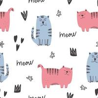 Cute cat pattern - hand drawn childish kitten seamless pattern design vector