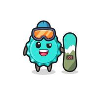 Illustration of bottle cap character with snowboard vector