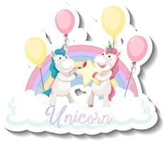 Two cute unicorns holding star together cartoon sticker vector