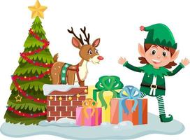 duende navideño con muchas cajas presentes y árbol de navidad