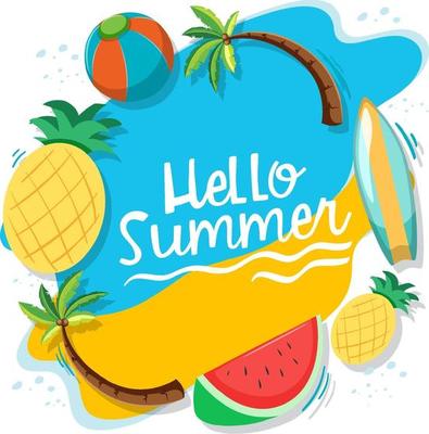 Hello Summer logo banner with tropical fruits isolated