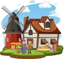 Medieval house with villagers and farm animals vector