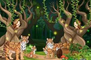 Tiger family in forest landscape background vector