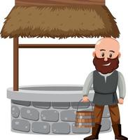 Peasant man standing beside a stone well with rooftop vector