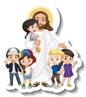 Jesucristo con el grupo de niños pegatina sobre fondo blanco. vector