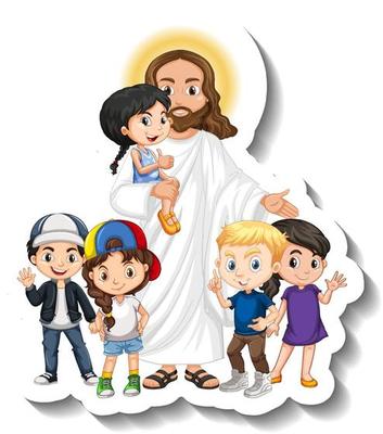 Jesus Christ with children group sticker on white background