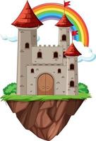 Castillo de cuento de hadas con arco iris sobre fondo blanco. vector