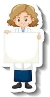 Cartoon character sticker with scientist girl holding empty board vector