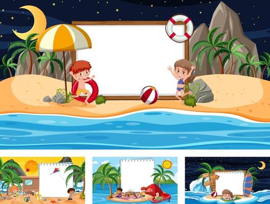 Set of different tropical beach scenes with blank banner