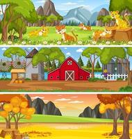 paisaje de naturaleza diferente en la escena diurna con personaje de dibujos animados vector