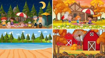 Set of different nature scenes background with people vector