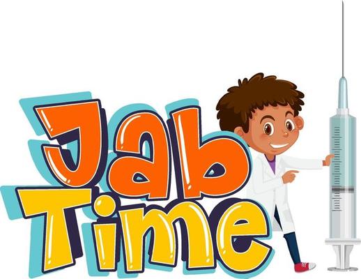 A doctor holding vaccine syringe with Jab Time font logo