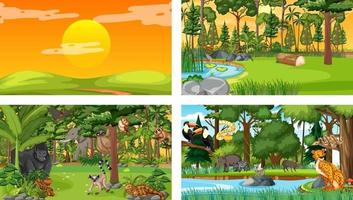 Conjunto de escena horizontal de bosque diferente con varios animales salvajes vector