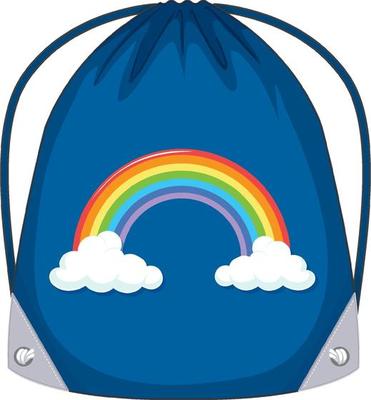 A blue drawstring bag with rainbow pattern