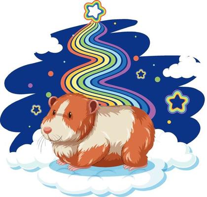 Guinea pig standing on the cloud with rainbow