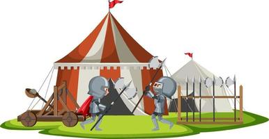 campamento medieval militar con dos guerreros luchando vector