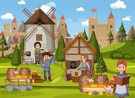 Medieval town scene with villagers vector