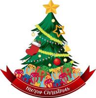 Merry Christmas text banner with Christmas tree and decorations vector