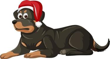 perro rottweiler con personaje de dibujos animados de sombrero de navidad vector