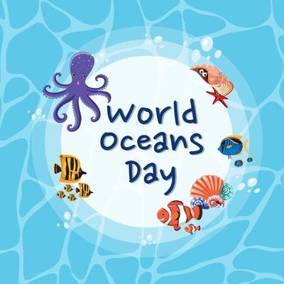 World Ocean Day banner with sea animals on water background