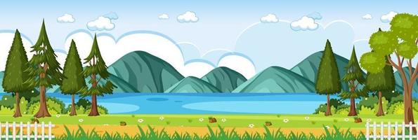 Nature park horizontal scene with river and mountain background vector