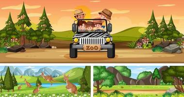 Different outdoor scenes with cartoon character vector