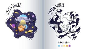 UFO and Cat Astronaut in Space Coloring Page vector