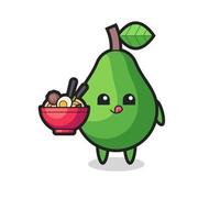 lindo personaje de aguacate comiendo fideos vector