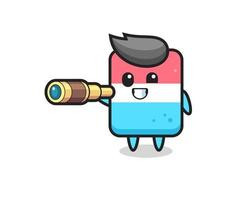 cute eraser character is holding an old telescope vector