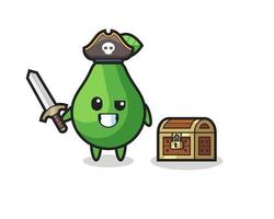 the avocado pirate character holding sword beside a treasure box vector