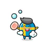 sweden flag badge character is bathing while holding soap vector