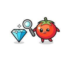 tomatoes mascot is checking the authenticity of a diamond vector