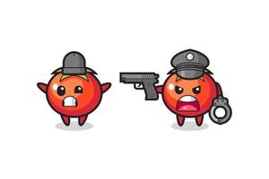 Ilustración de ladrón de tomates con pose de manos arriba capturado por la policía vector