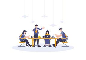 equipo de negocios trabajando y discutiendo con personas planas. vector