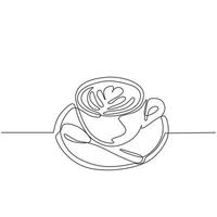 Cup of coffee one line drawing with plate and spoon. vector