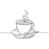 Cup of coffee one line drawing with plate and spoon. vector