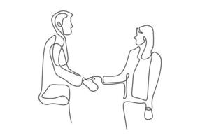 Continuous one line drawing of business a man and women hand shake. vector