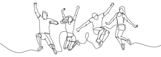 Continuous one line drawing of jumping happy team members vector