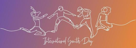 One line drawing of people jump for International youth day vector