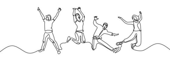 Continuous line drawing of four jumping happy people. vector