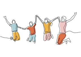 continuous line drawing of a group of friends enjoy jumping with joy vector