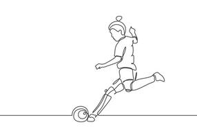 dibujo de una línea continua mujer patear una pelota en el deporte del juego de fútbol vector