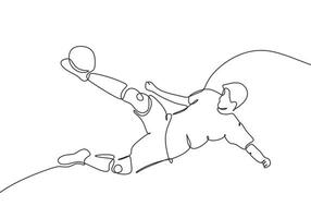 Continuous one line drawing football player. Athlete kick a ball. vector